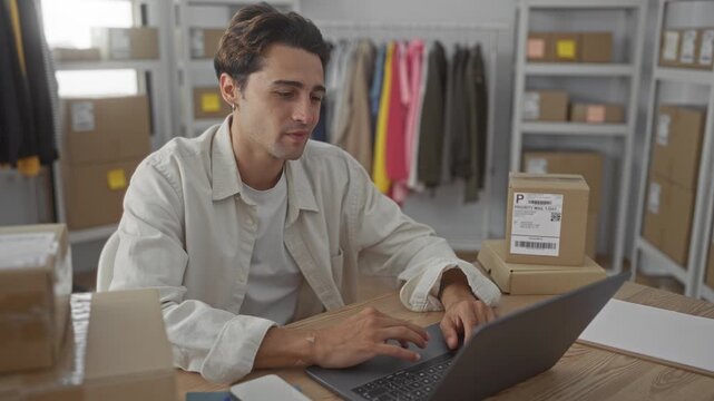 Man typing on laptop with hands on keyboard and shipping boxes stacked nearby in studio workspace; focused productivity.