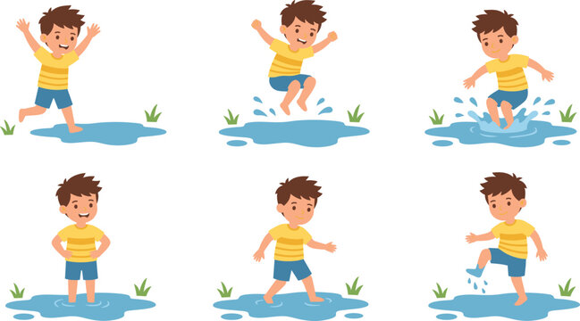Happy Boy Playing in Water Puddle Vector Illustration Set Showing Jumping, Splashing, and Outdoor Fun Activity for Kids Childhood and Rainy Day Concepts
