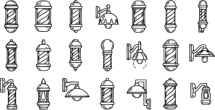 Barber Pole and Lamp Icons, Black and White Line Art, Vector Set