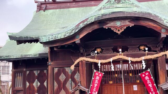 Traditional Japanese Shinto Shrine Architecture with Shimenawa Rope in Kanazawa