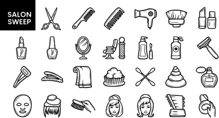 Fototapeta premium Black and White Line Art Icons of Salon and Beauty Equipment, Vector Illustrations