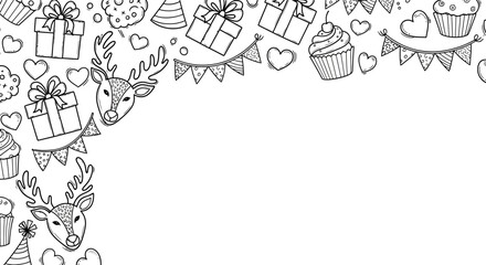 Hand drawn doodle border frame with reindeer gifts and party elements. © Baasim_Ghava
