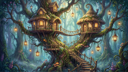 Fototapeta premium Magical Treehouse Settlement with Winding Stairs and Hanging Lanter