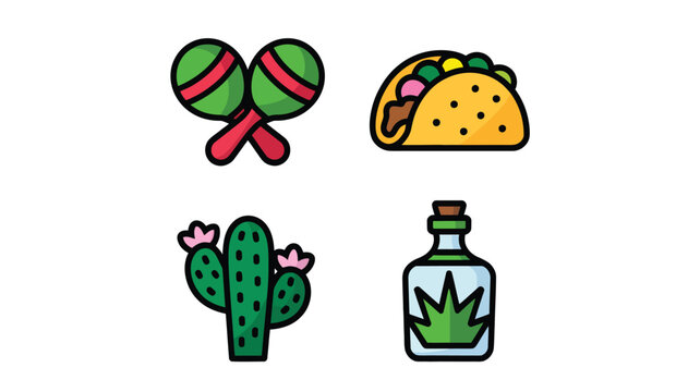 Vibrant mexican fiesta icons arranged in a clean 2x2 grid maracas taco cactus and tequila bottle representing culture and celebration