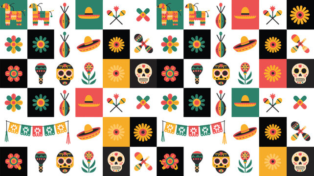 Vibrant mexican fiesta pattern with traditional symbols skulls sombreros pinatas maracas and flowers on a checkerboard background celebrating day of the dead and cultural