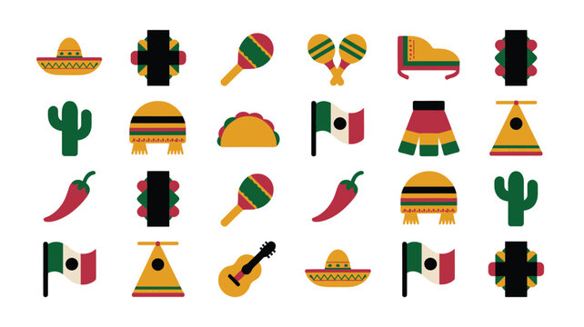 Vibrant mexican culture icons collection sombrero cactus chili pepper guitar maracas taco flag skirt and traditional patterns on white background festive and colorful graphic