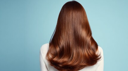 Fototapeta premium Woman with long, rich, and shiny brown hair facing away against blue background
