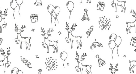 Seamless Pattern of Hand Drawn Christmas Reindeer and Celebration Elements. © Baasim_Ghava