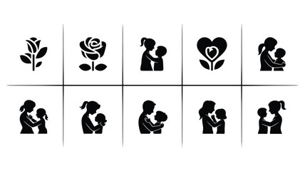 Fototapeta premium Mother and child love icons set black silhouettes on white background symbolizing family bond and care
