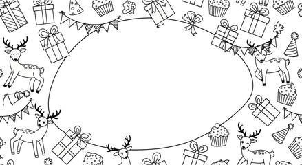 Hand drawn doodle frame with reindeer and holiday gifts. © Baasim_Ghava