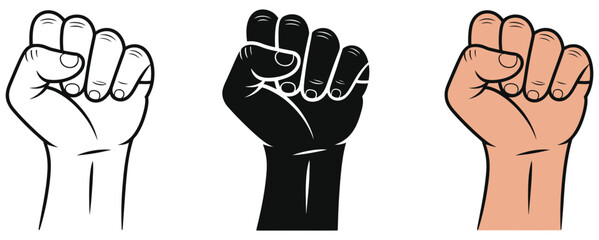 Fototapeta premium Raised fist icon set in solid and color styles symbolizing protest, power, resistance, unity, and activism, bold vector illustration collection representing social movements, strength, and human right