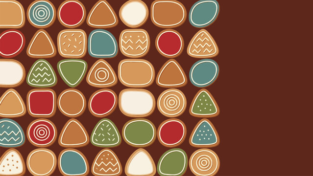 A festive pattern of various decorated gingerbread cookies in different shapes and colors on a brown background.