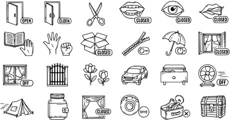 Naklejka premium Black and White Line Art Icons: OpenClosed Doors, Scissors, Mouth, Eye, Book, Hand, Box, Window, Gate, Flowers, Car, Drawer, Fan, Tent, Wallet, Curtain, Zipper, Umbrella, Chest, Music Box, Wheel