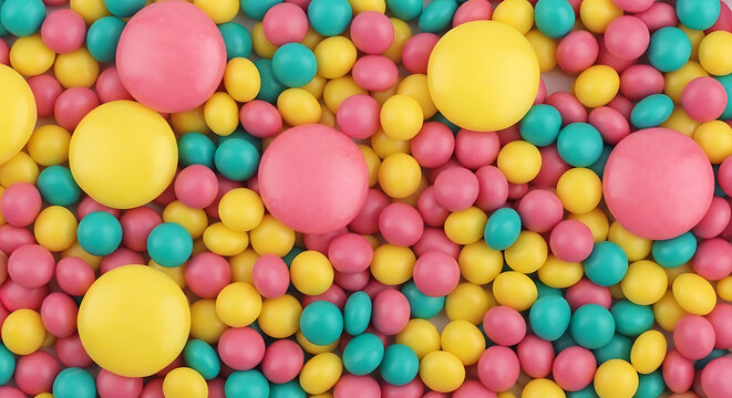 A colorful and vibrant background of small candies and larger gumballs creates a playful and sweet texture.