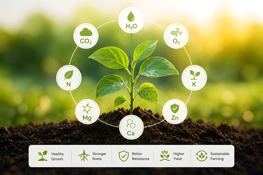 Young green plant growing in soil with digital nutrient hologram representing smart agriculture and sustainable farming