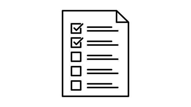 Checklist Document Editable Stroke Vector Icon. Minimalist black line illustration of a paper with check boxes and marks, representing tasks, to-do list, survey, or business report on white