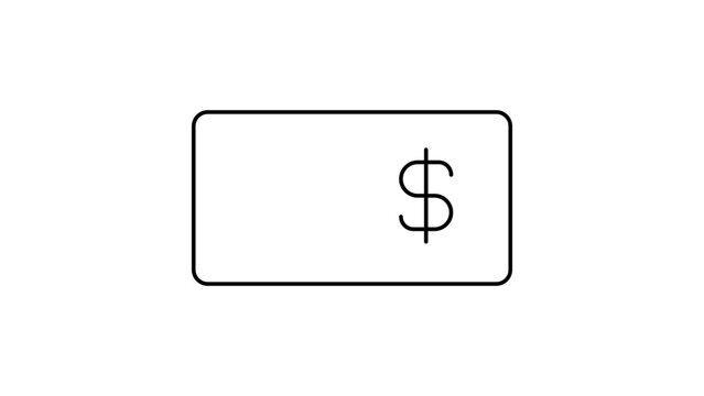 Minimalist black line vector icon of a rectangular card with a dollar sign, representing a gift card, credit card, or payment method, featuring an editable stroke for customizable line weight.