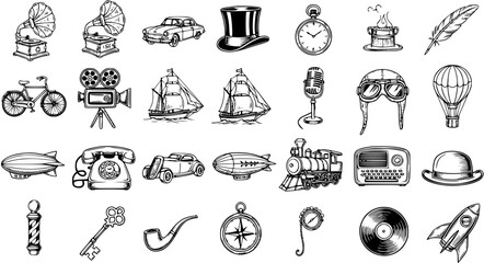 Vintage Collection of Historical Objects and Retro Gadgets in Black and White Line Art Style. Antique Technology, Travel, and Communication Elements Sketch Set. © victoria