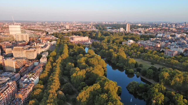Aerial View of London, UK: St James's Park, Buckingham Palace (in Background) in Center of Capital City of United Kingdom of Great Britain and Northern Ireland