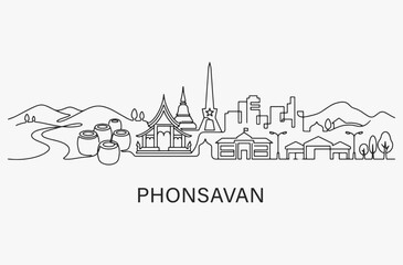 Naklejka premium Flat Design one line without breaking the Phonsavan city.
