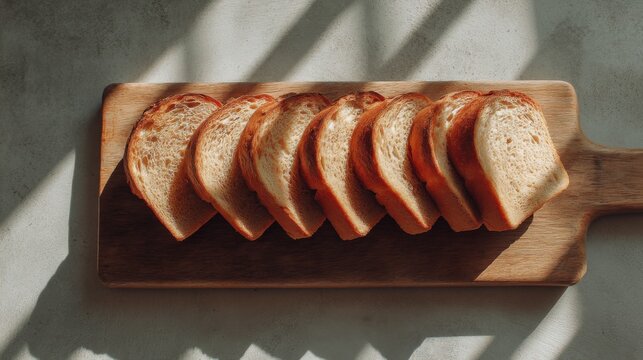 Freshly Sliced Bread on Wooden Cutting Board with Sunlight Shadows and Warm Color Tones for Cozy Culinary Inspiration