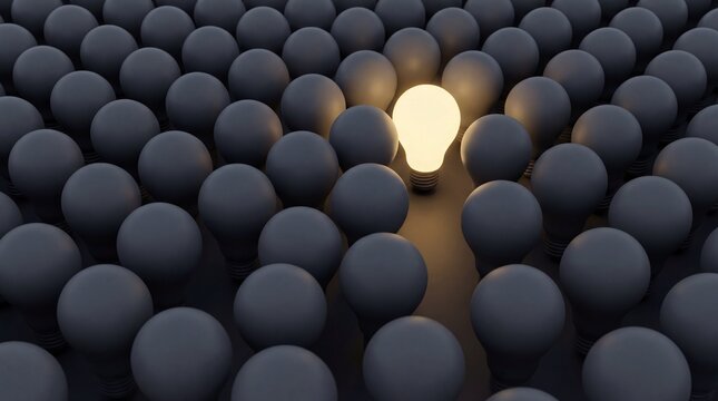 Glowing light bulb standing out from dark spheres leadership concept