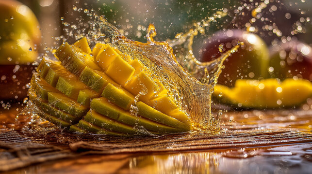 A sliced mango is hit with water droplets creating a splash on a wooden surface