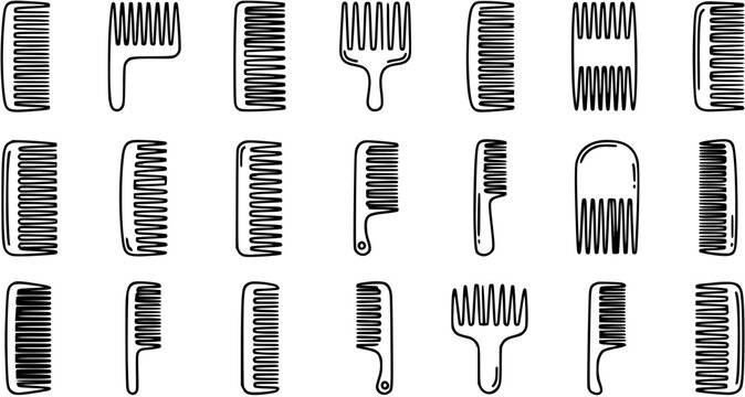 Hair Care and Beauty Industry Combs Line Art Icons Set. Black Outline Styling and Grooming Tools Collection for Salon and Personal Use.