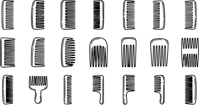 Black  White Line Art Set of Various Hair Combs for Beauty, Haircare, and Styling Vector Illustration
