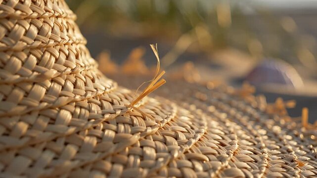 Closeup of a woven straw hat texture with a blurred background.