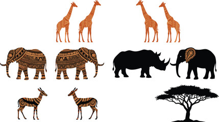 African Wildlife Silhouettes and Tribal Pattern Animals Collection Featuring Giraffe Elephant Rhino Antelope and Acacia Tree Vector Illustration Set. © Nasima