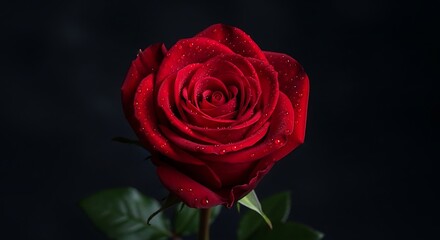 Naklejka premium Vibrant red rose with water droplets against dark backdrop