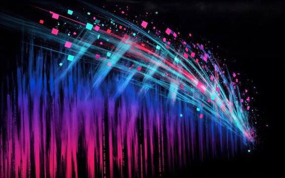 Vibrant digital rainbows cascade down glowing pixels explode in neon
