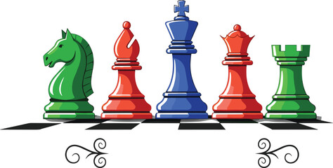 Colorful Chess Pieces Illustration Featuring King Queen Rook Knight and Bishop on Board in Strategy Game Concept Vector Design. © Nasima