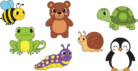 Fototapeta premium Cute Cartoon Animal Characters Collection Featuring Bee Bear Turtle Frog Snail Caterpillar and Penguin in Adorable Kids Vector Illustration.
