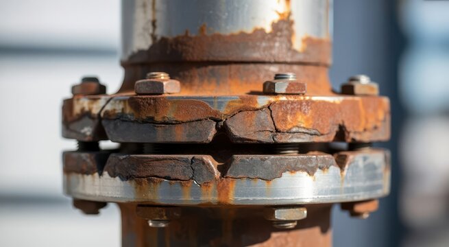 Closeup of a rusty metal pipe with bolts and a cracked flange