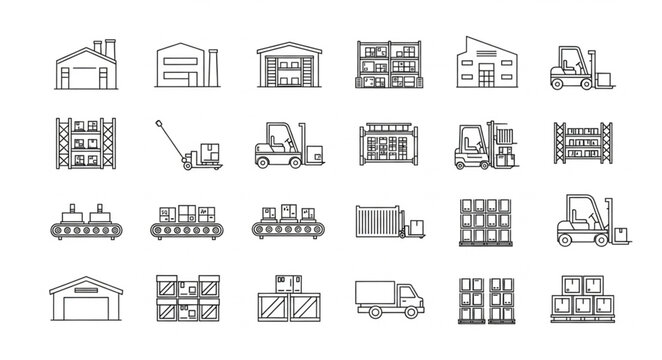 Collection of Warehouse and Logistics Icons Hand Drawn Style.