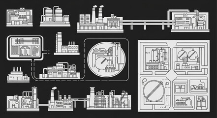Obraz premium Industrial factory schematic diagrams and blueprints collection.