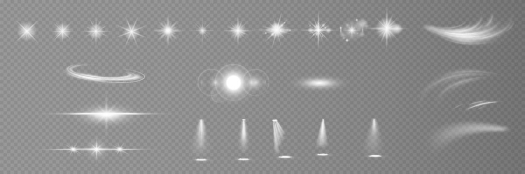 Various light effects on a transparent background. They have the form of symmetrical rays, reminiscent of twinkling stars. For decorating dynamic scenes or adding movement.