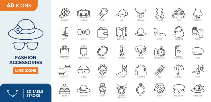 fashion accessories icon set. Contain icons related to  fashion, accessory, beauty, necklace, jewellery, earring, goggles, watch, belt, bag, and more. Editable stroke. Vector illustration