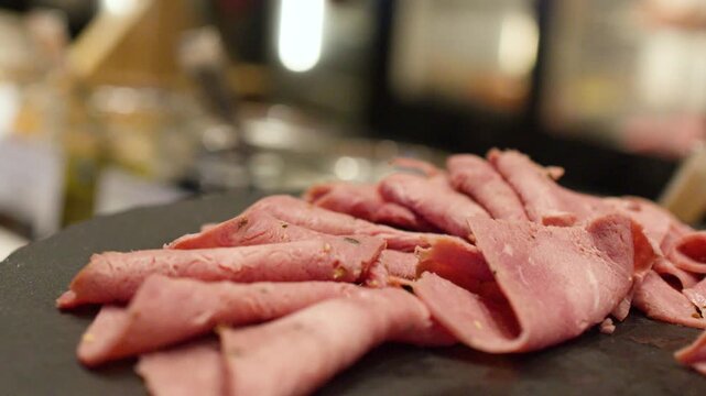 Close Up of Sliced Roast Beef on a Buffet Platter