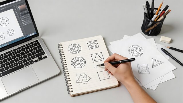 Person drawing geometric shapes in notebook