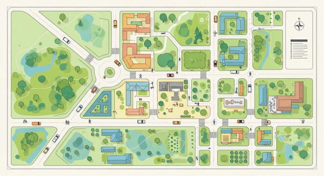 Aerial view of a colorful campus map with buildings and green spaces.