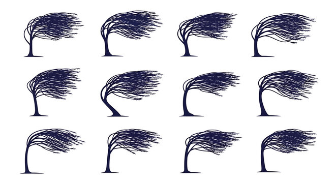Set of stylized trees bending in the wind.