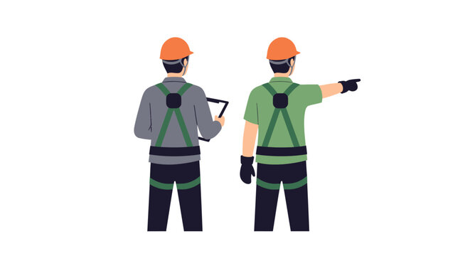 Two construction workers wearing safety harnesses and hard hats.