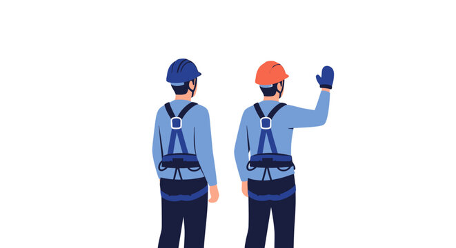 Two construction workers wearing safety harnesses and hard hats.