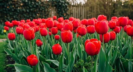Fototapeta premium Vibrant red tulips blooming in a lush garden with green foliage and sunlight