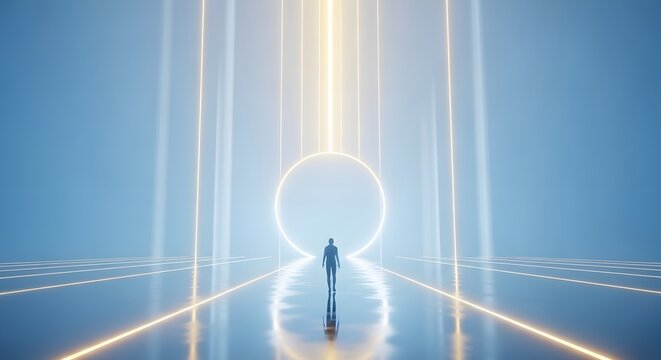 Futuristic glowing portal in a digital void, silhouette of a person walking toward a luminous circle, ethereal blue and gold light rays