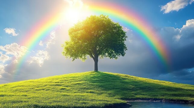Single tree on hilltop, rainbow, bright sky