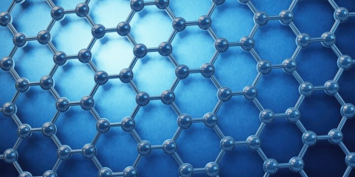 Graphene molecular structure with hexagonal lattice pattern on blue background